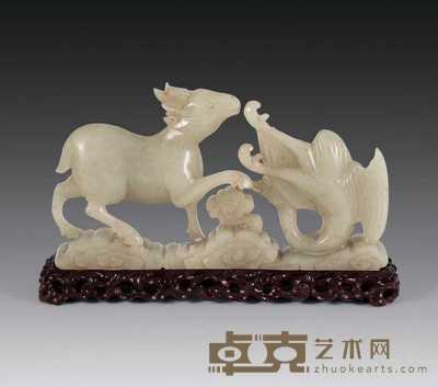 清 青玉鹿鹤同春摆件 长11.5cm